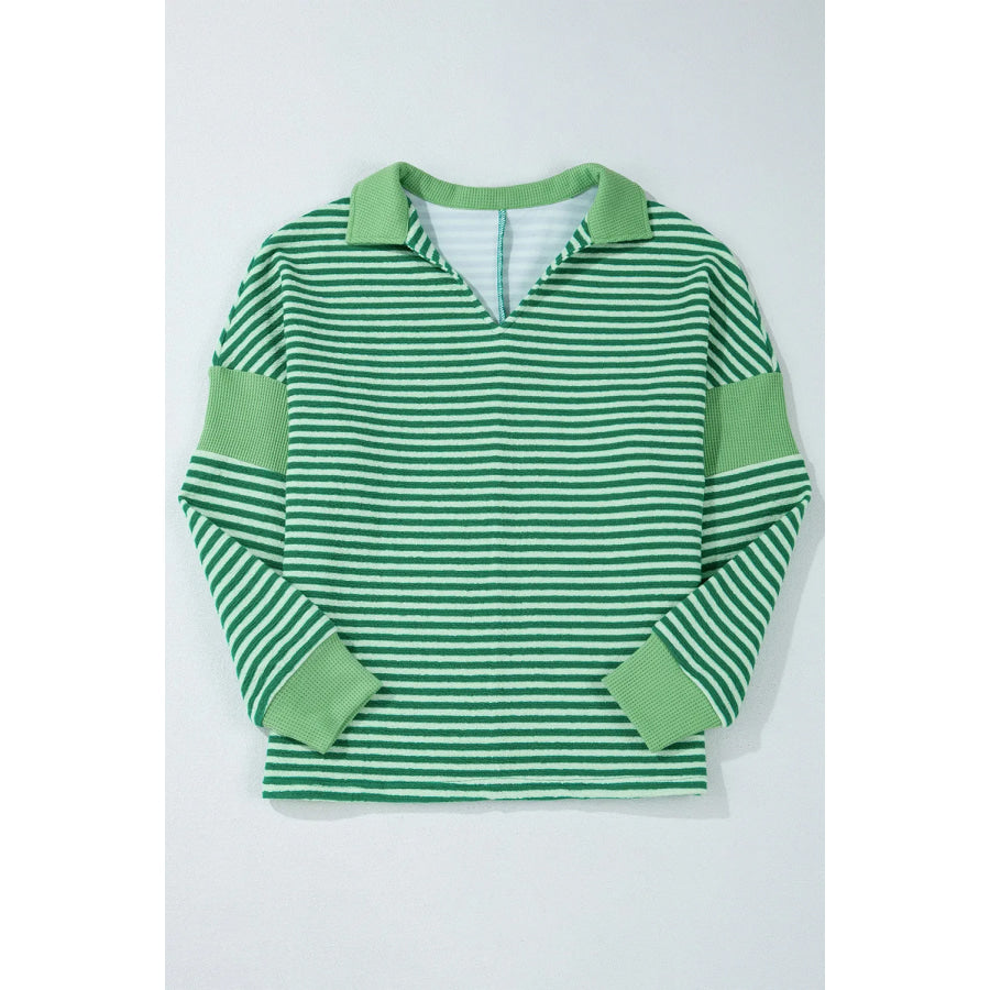 Striped Johnny Collar Long Sleeve Top Apparel and Accessories