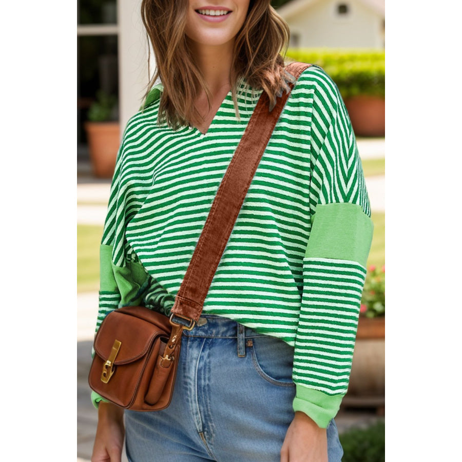 Striped Johnny Collar Long Sleeve Top Dark Green / S Apparel and Accessories