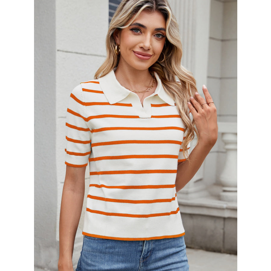 Striped Johnny Collar Short Sleeve Sweater Apparel and Accessories