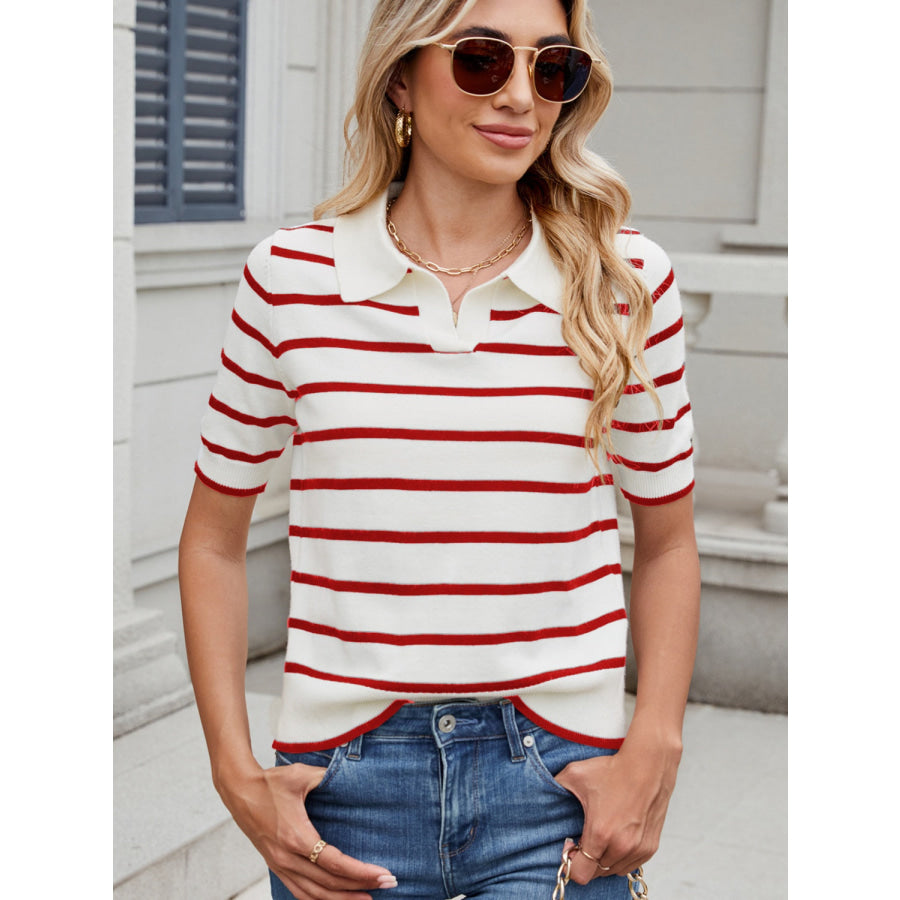 Striped Johnny Collar Short Sleeve Sweater Deep Red / S Apparel and Accessories
