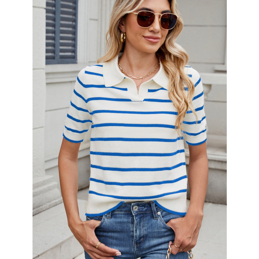 Striped Johnny Collar Short Sleeve Sweater Apparel and Accessories