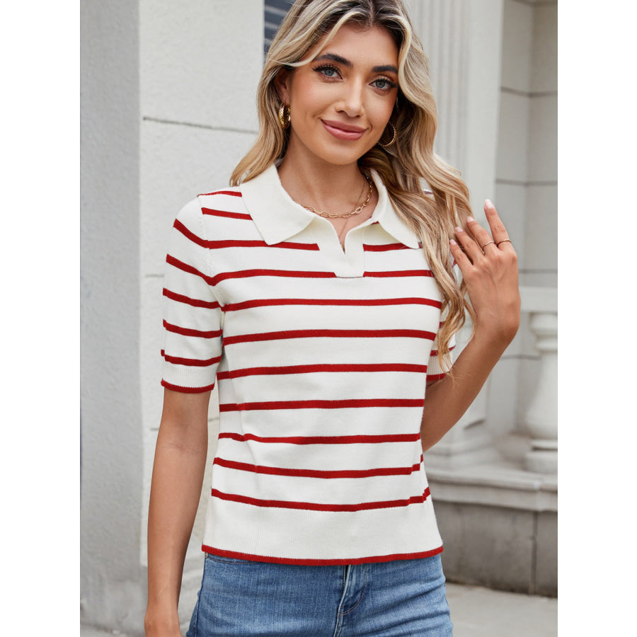 Striped Johnny Collar Short Sleeve Sweater Deep Red / S Apparel and Accessories