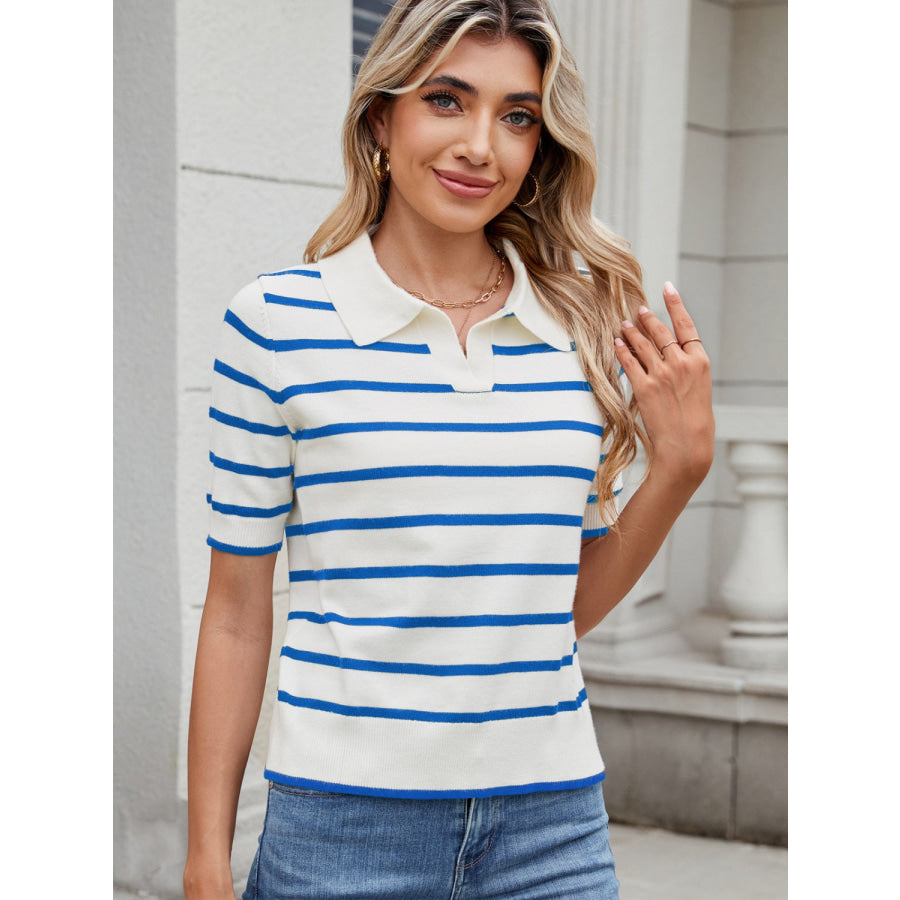 Striped Johnny Collar Short Sleeve Sweater Sky Blue / S Apparel and Accessories