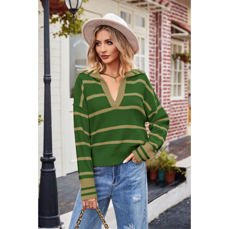 Striped Johnny Collar Sweater Mid Green / S