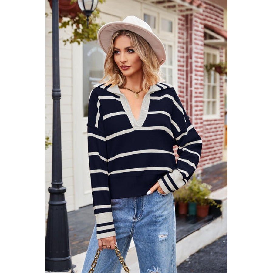 Striped Johnny Collar Sweater Navy / S