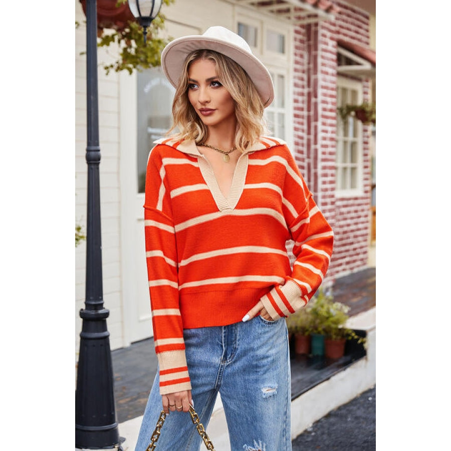 Striped Johnny Collar Sweater Red / S