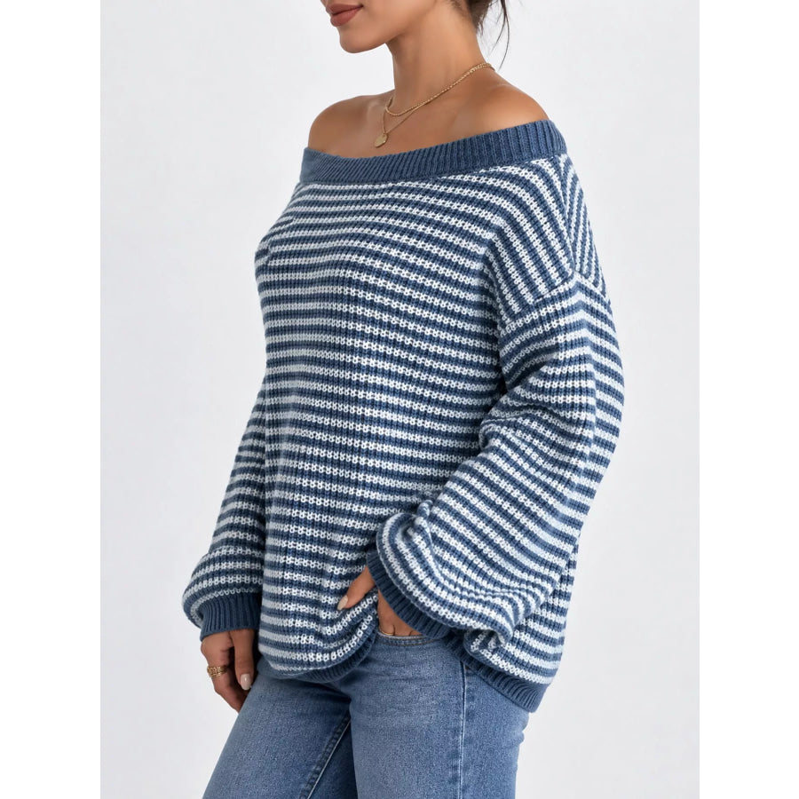 Striped Knit Boat Neck Sweater Apparel and Accessories