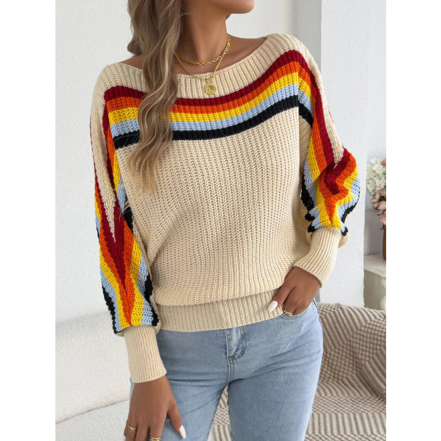 Striped Knit Boat Neck Sweater Beige / S Apparel and Accessories