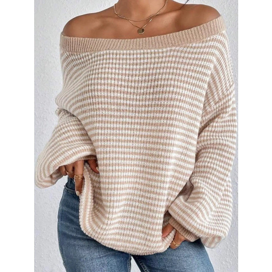 Striped Knit Boat Neck Sweater Beige / S Apparel and Accessories
