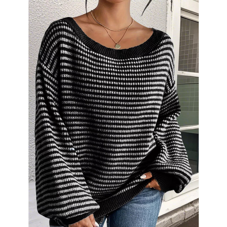 Striped Knit Boat Neck Sweater Black / S Apparel and Accessories