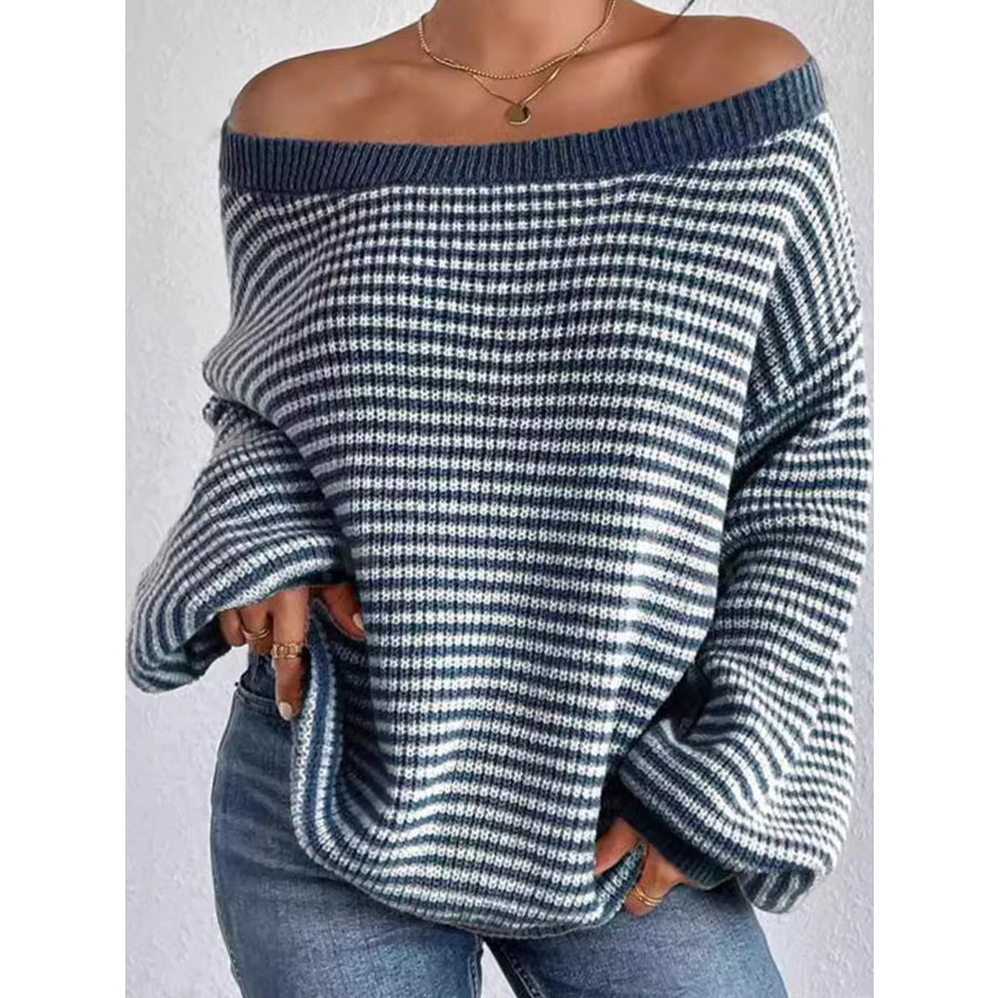 Striped Knit Boat Neck Sweater Blue / S Apparel and Accessories