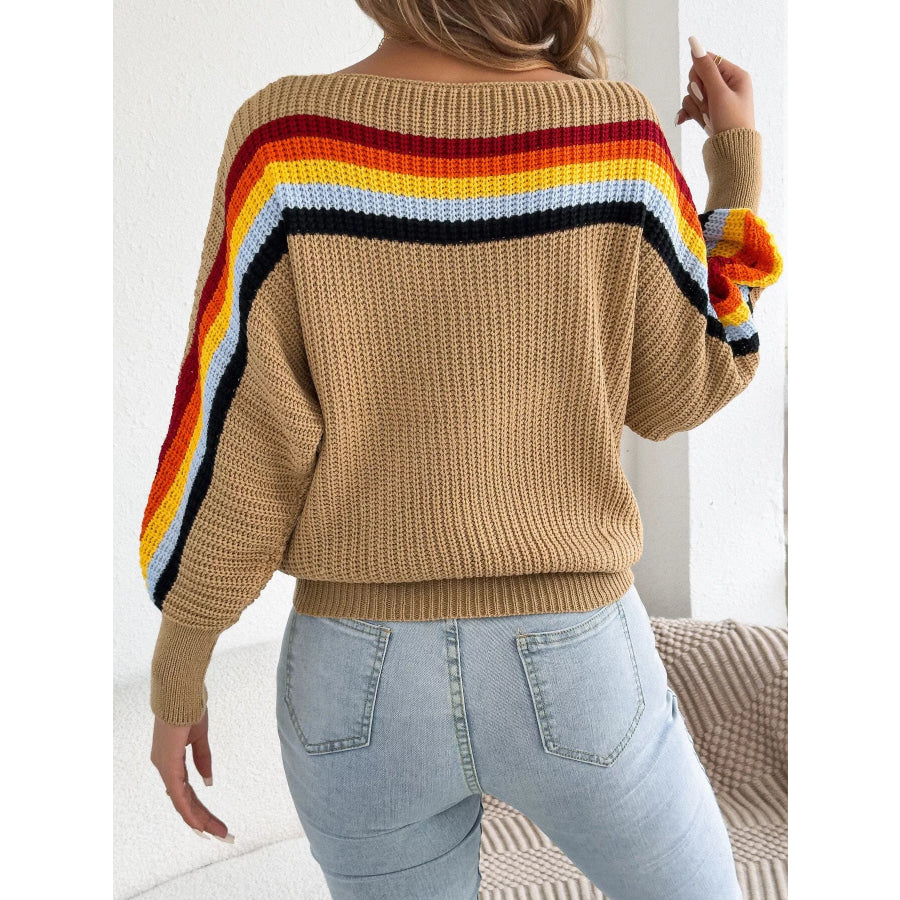 Striped Knit Boat Neck Sweater Camel / S Apparel and Accessories
