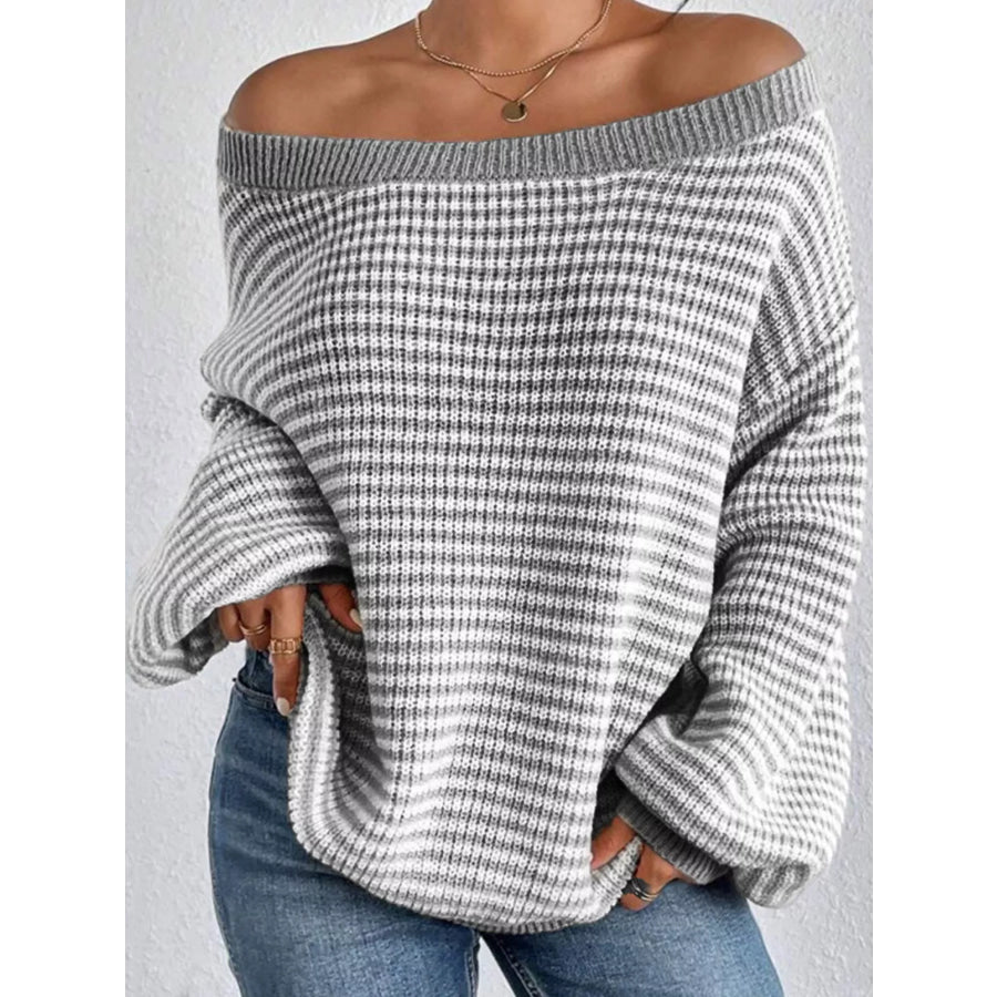 Striped Knit Boat Neck Sweater Gray / S Apparel and Accessories