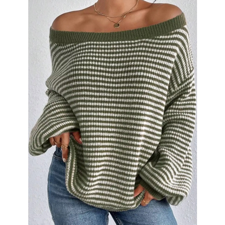 Striped Knit Boat Neck Sweater Green / S Apparel and Accessories