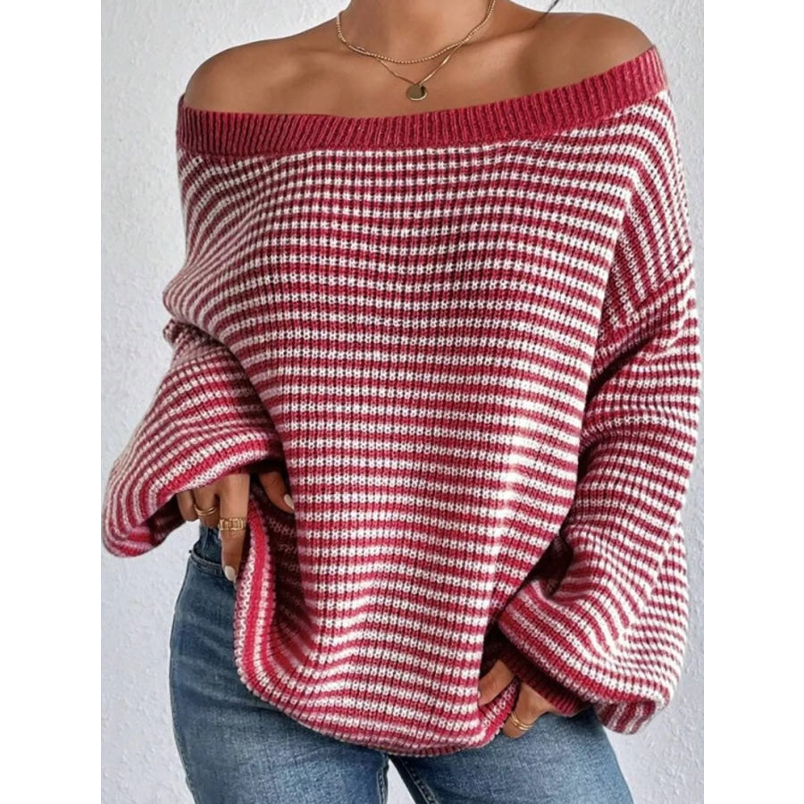 Striped Knit Boat Neck Sweater Red / S Apparel and Accessories