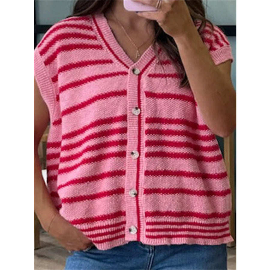 Striped Knit Button Up Cap Sleeve Cardigan Apparel and Accessories
