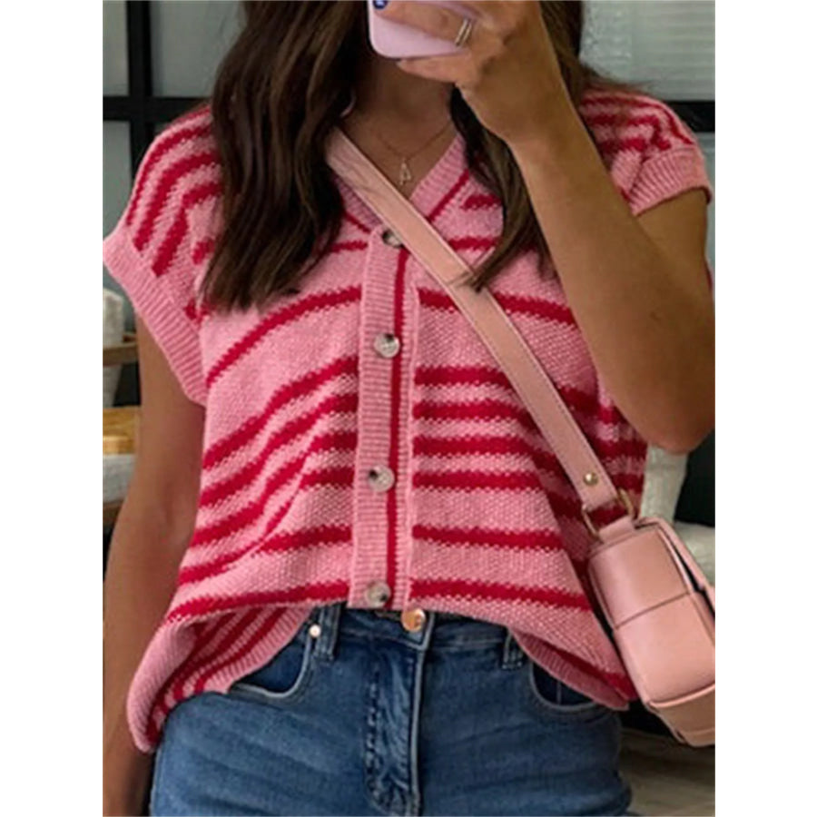 Striped Knit Button Up Cap Sleeve Cardigan Apparel and Accessories