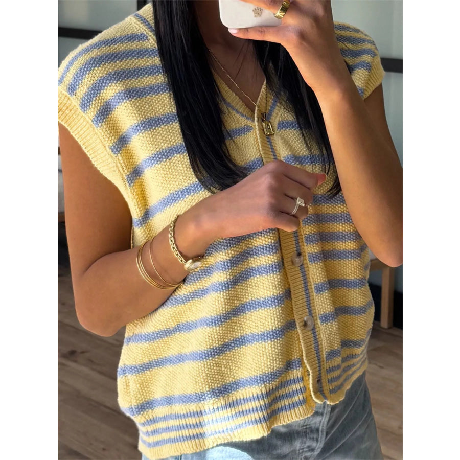 Striped Knit Button Up Cap Sleeve Cardigan Apparel and Accessories