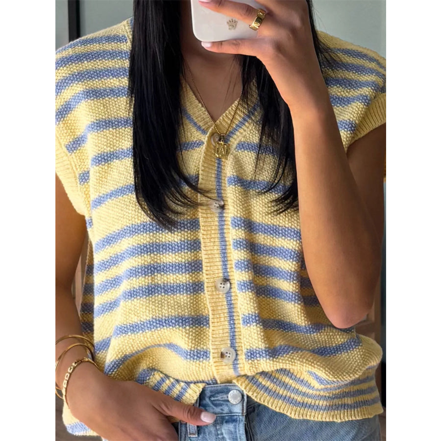Striped Knit Button Up Cap Sleeve Cardigan Yellow / S Apparel and Accessories