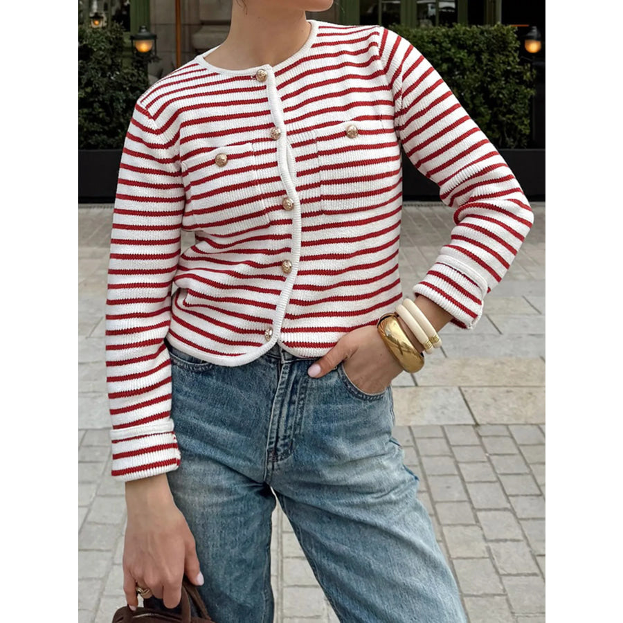 Striped Knit Button Up Cardigan Red / S Apparel and Accessories