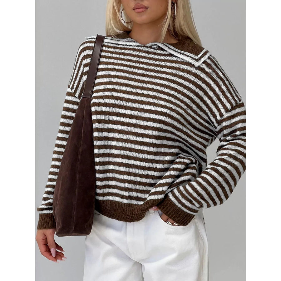 Striped Knit Dropped Shoulder Sweater Chocolate / S Apparel and Accessories