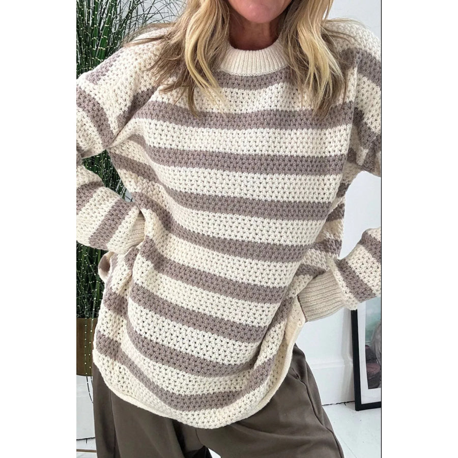 Striped Knit Dropped Shoulder Sweater Khaki / S Apparel and Accessories