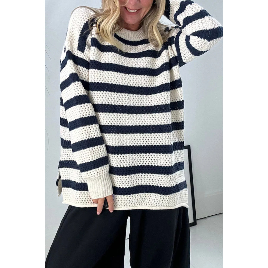 Striped Knit Dropped Shoulder Sweater Sapphire Blue / S Apparel and Accessories