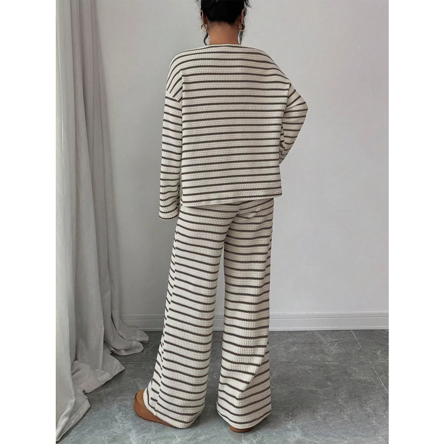 Striped Knit Dropped Shoulder Top and Pants Set Apparel and Accessories
