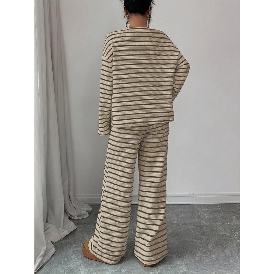 Striped Knit Dropped Shoulder Top and Pants Set Apparel and Accessories