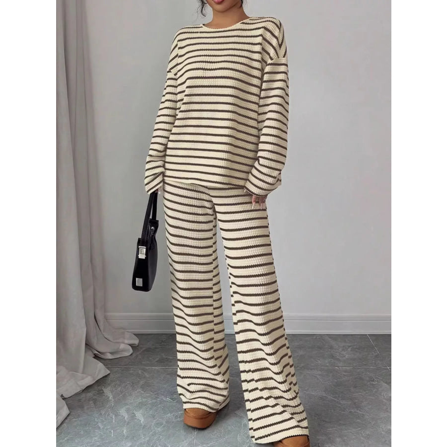 Striped Knit Dropped Shoulder Top and Pants Set Apparel and Accessories