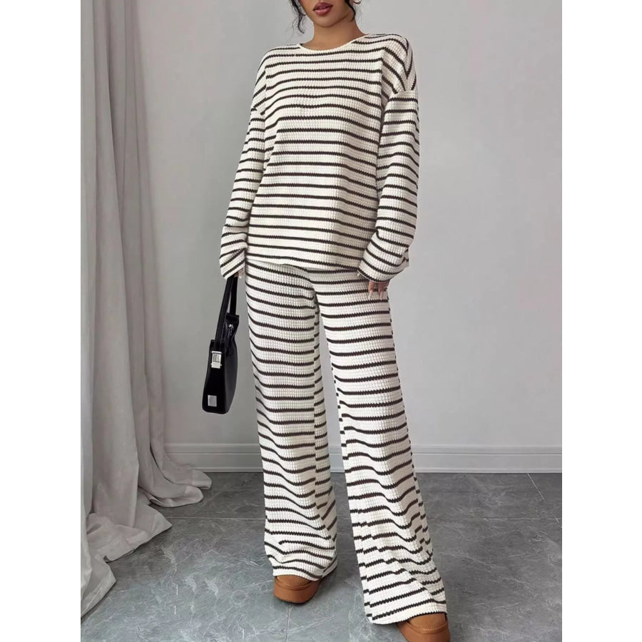 Striped Knit Dropped Shoulder Top and Pants Set Apparel and Accessories