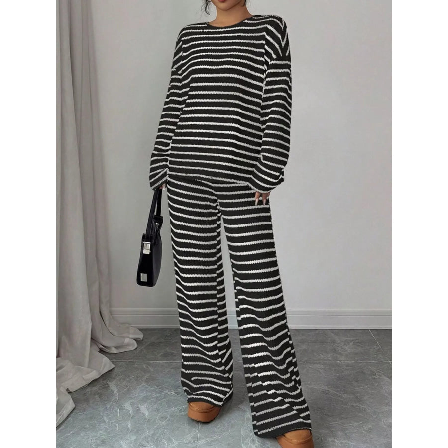 Striped Knit Dropped Shoulder Top and Pants Set Apparel and Accessories