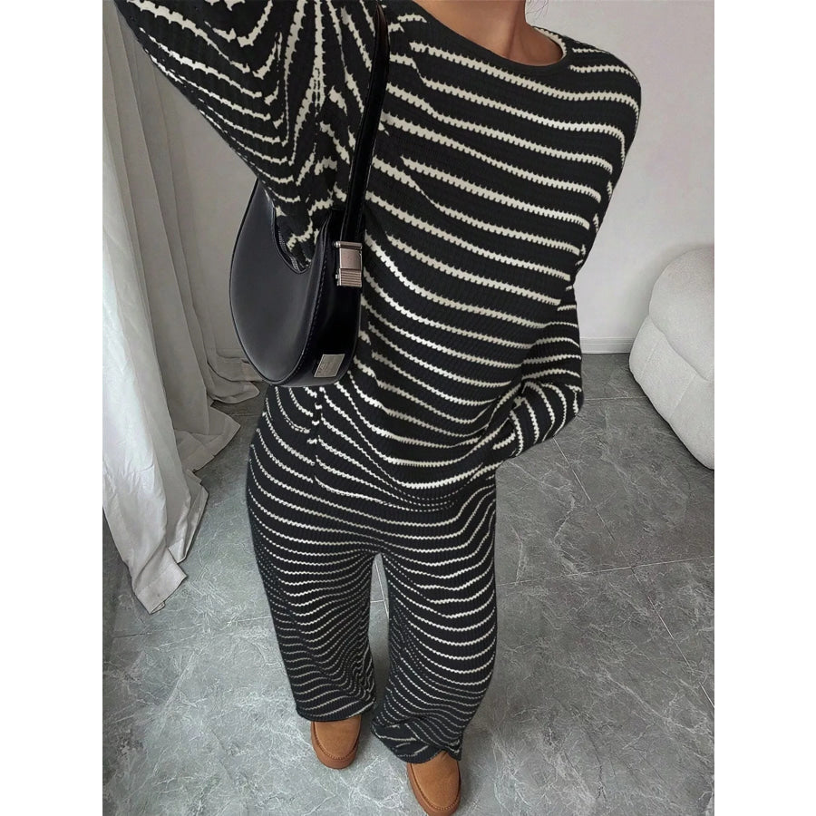 Striped Knit Dropped Shoulder Top and Pants Set Black / S Apparel and Accessories