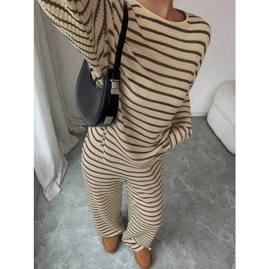 Striped Knit Dropped Shoulder Top and Pants Set Khaki / S Apparel and Accessories