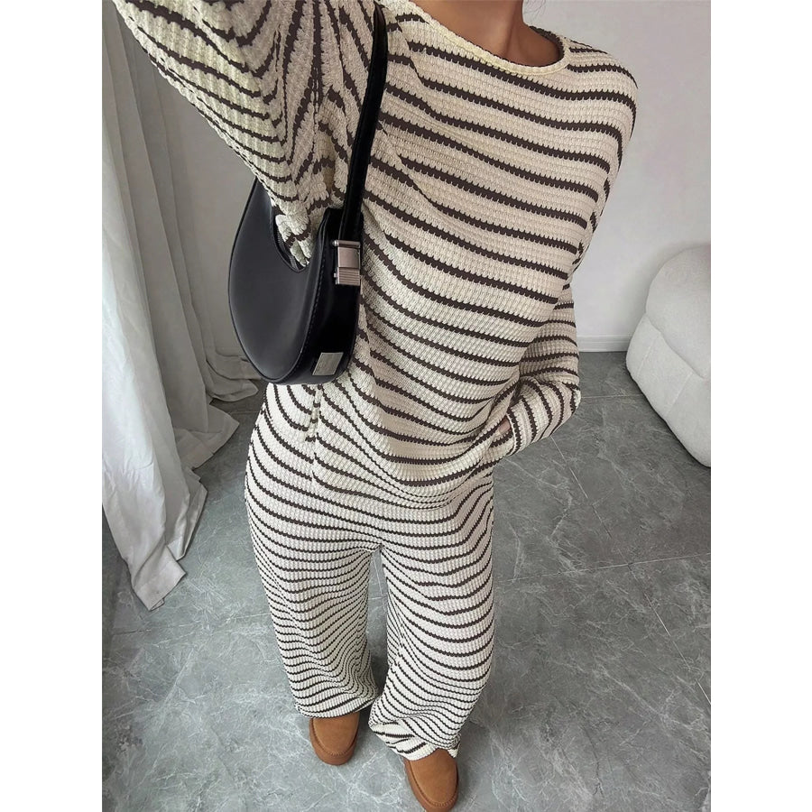 Striped Knit Dropped Shoulder Top and Pants Set White / S Apparel and Accessories