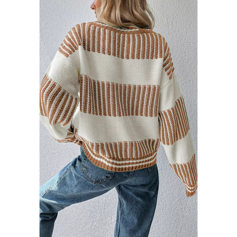 Striped Knit Long Sleeve Sweater Camel / S Apparel and Accessories