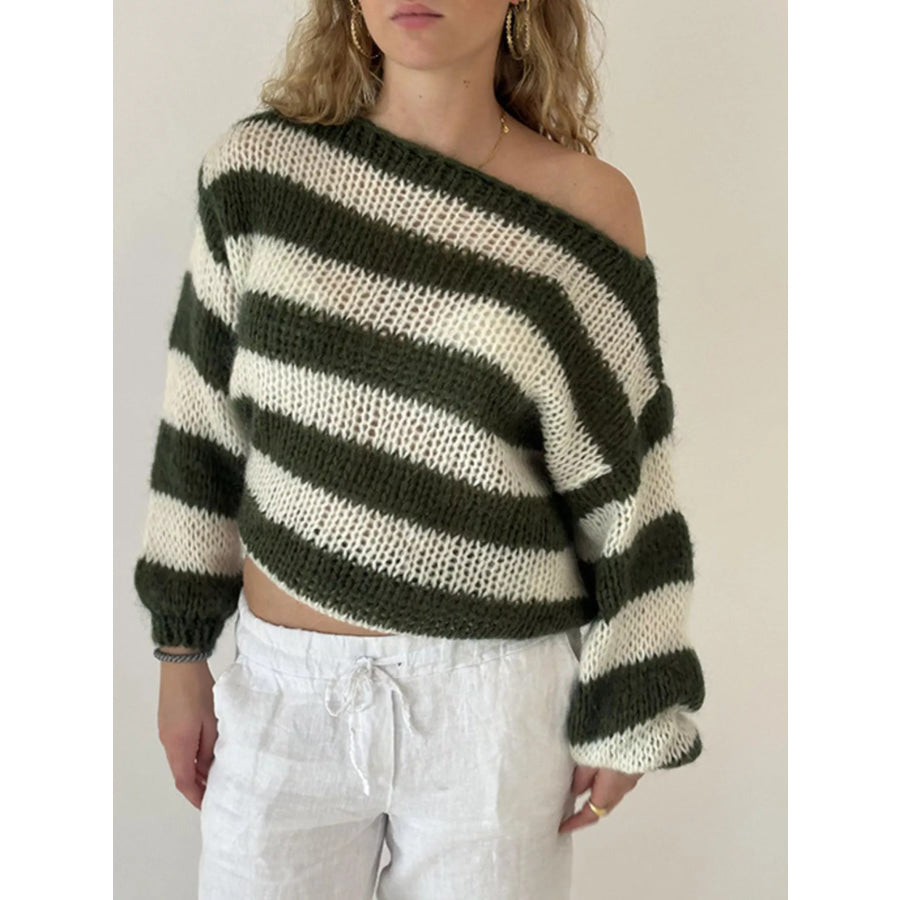 Striped Knit Long Sleeve Sweater Army Green / S Apparel and Accessories