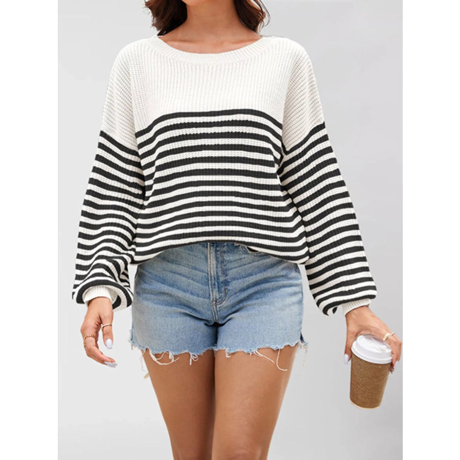 Striped Knit Long Sleeve Sweater Black / S Apparel and Accessories