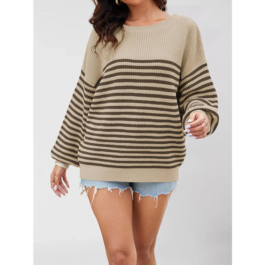 Striped Knit Long Sleeve Sweater Brown / S Apparel and Accessories