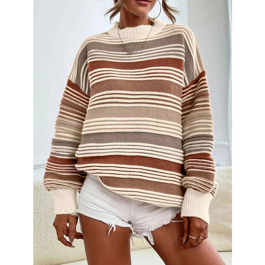 Striped Knit Long Sleeve Sweater Camel / S Apparel and Accessories