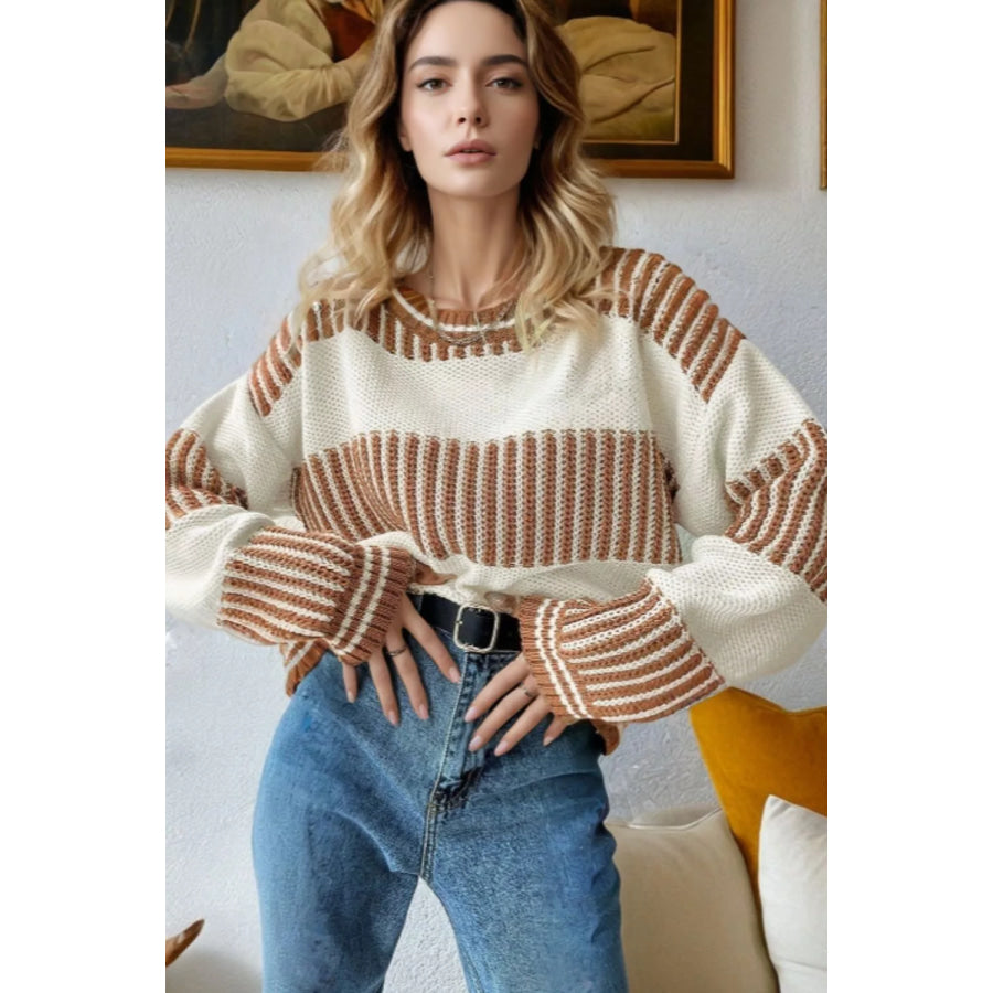 Striped Knit Long Sleeve Sweater Camel / S Apparel and Accessories