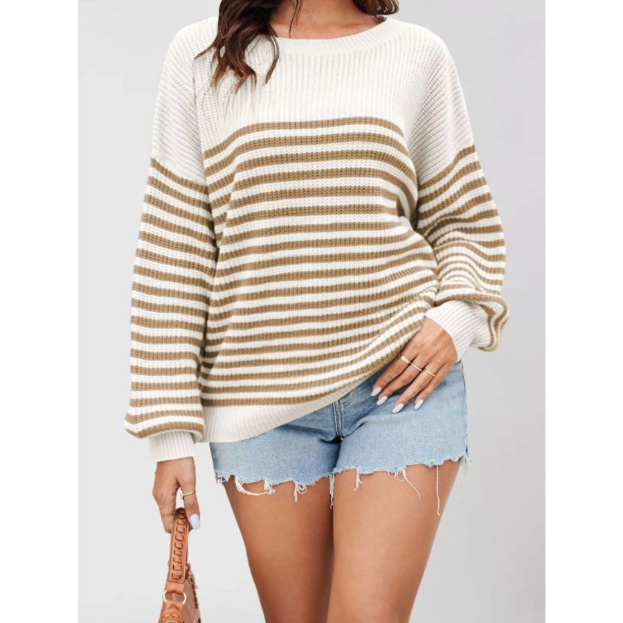Striped Knit Long Sleeve Sweater Khaki / S Apparel and Accessories