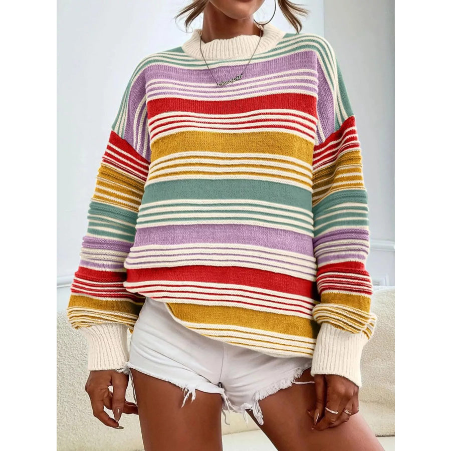 Striped Knit Long Sleeve Sweater Pink Purple / S Apparel and Accessories