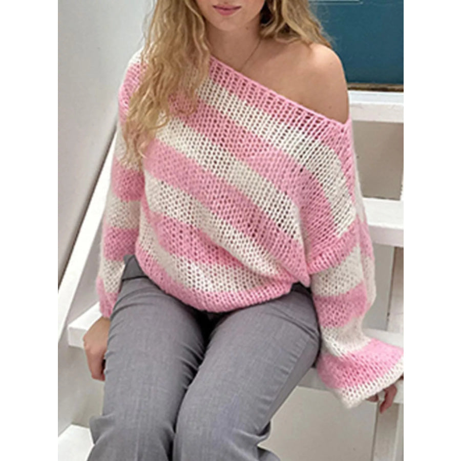 Striped Knit Long Sleeve Sweater Pink / S Apparel and Accessories