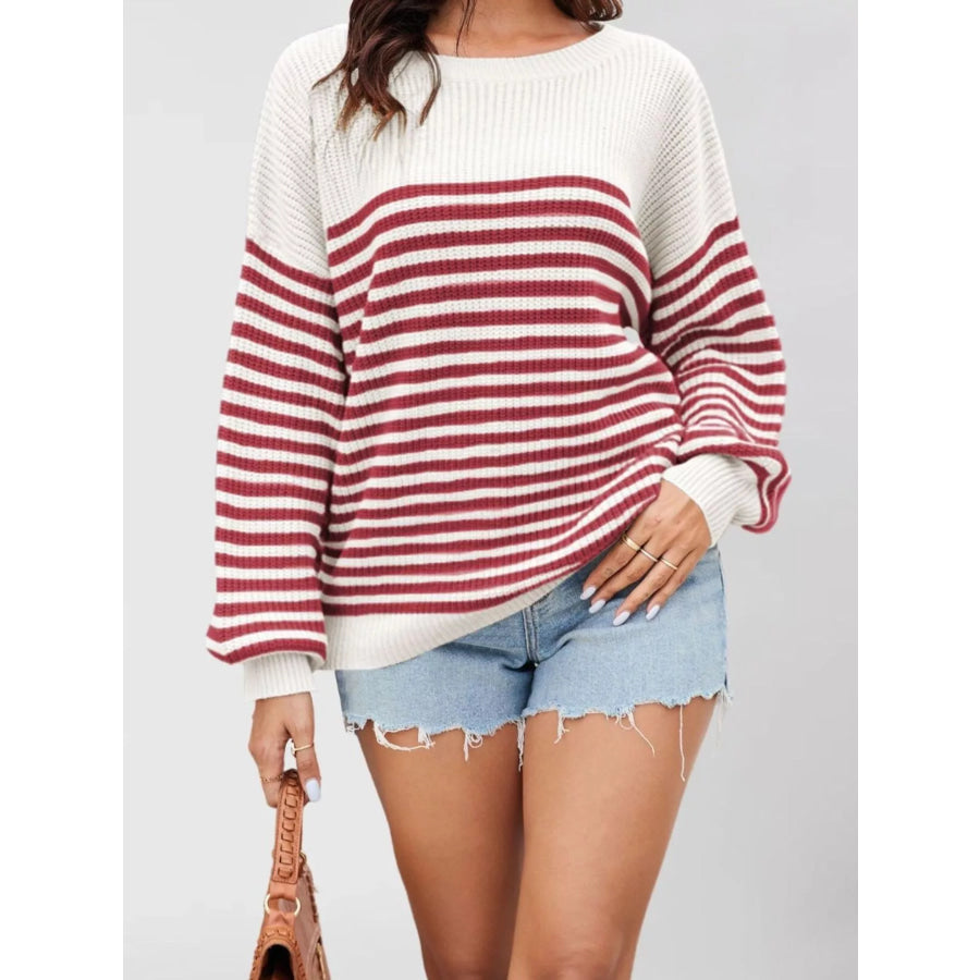 Striped Knit Long Sleeve Sweater Red / S Apparel and Accessories