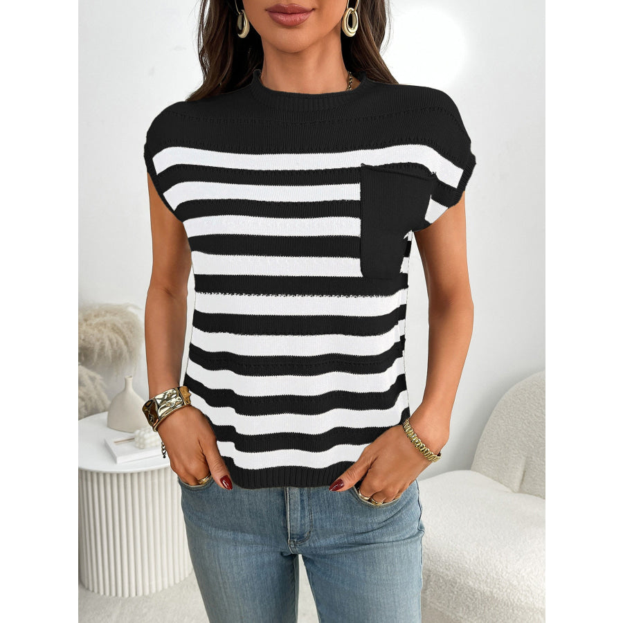 Striped Knit Pocket Detail Cap Sleeve Sweater Apparel and Accessories