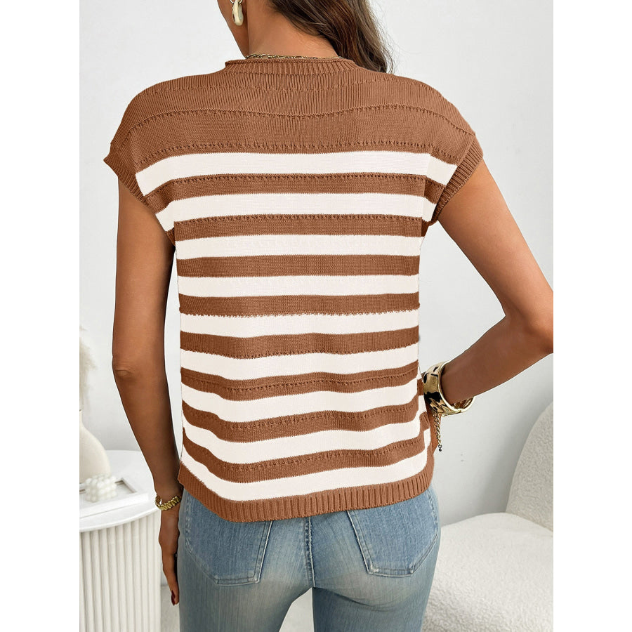 Striped Knit Pocket Detail Cap Sleeve Sweater Apparel and Accessories