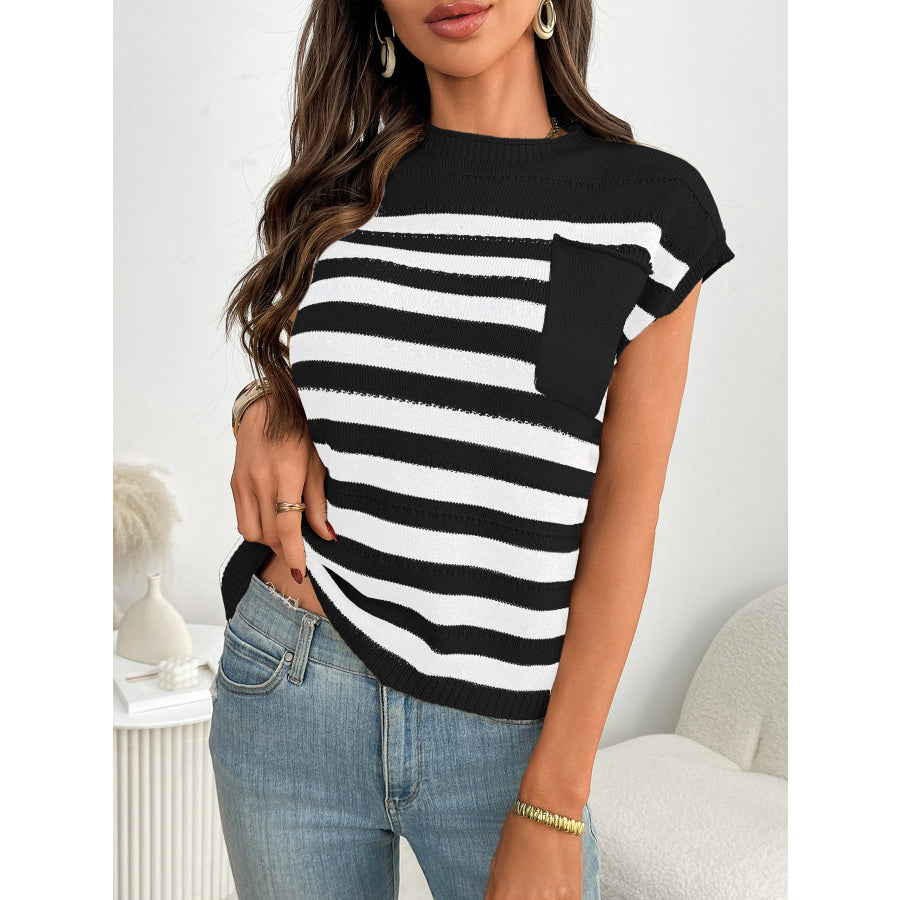 Striped Knit Pocket Detail Cap Sleeve Sweater Apparel and Accessories