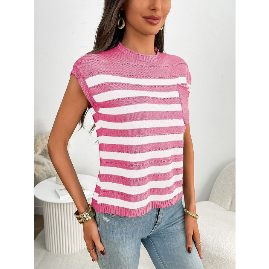 Striped Knit Pocket Detail Cap Sleeve Sweater Apparel and Accessories