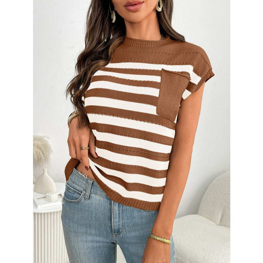 Striped Knit Pocket Detail Cap Sleeve Sweater Apparel and Accessories